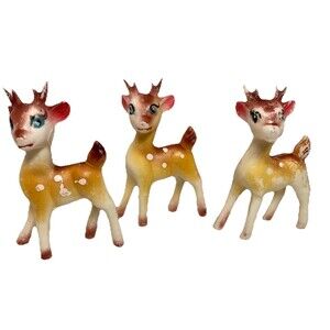 Vintage Christmas Reindeer Lot Of 3 Decoration Molded Plastic Holiday Retro